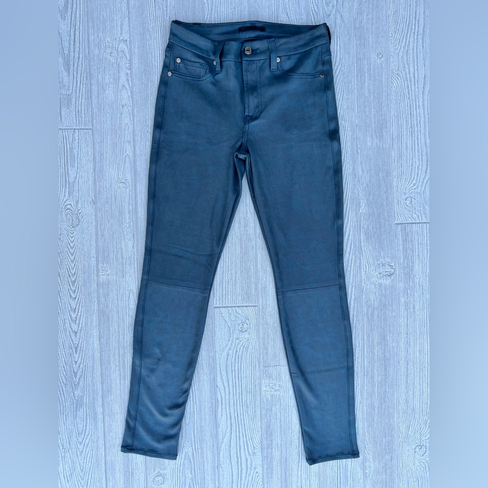 7 For All Mankind Faux Leather Moto Skinny Jeans Dark Green High Rise Stretch 27